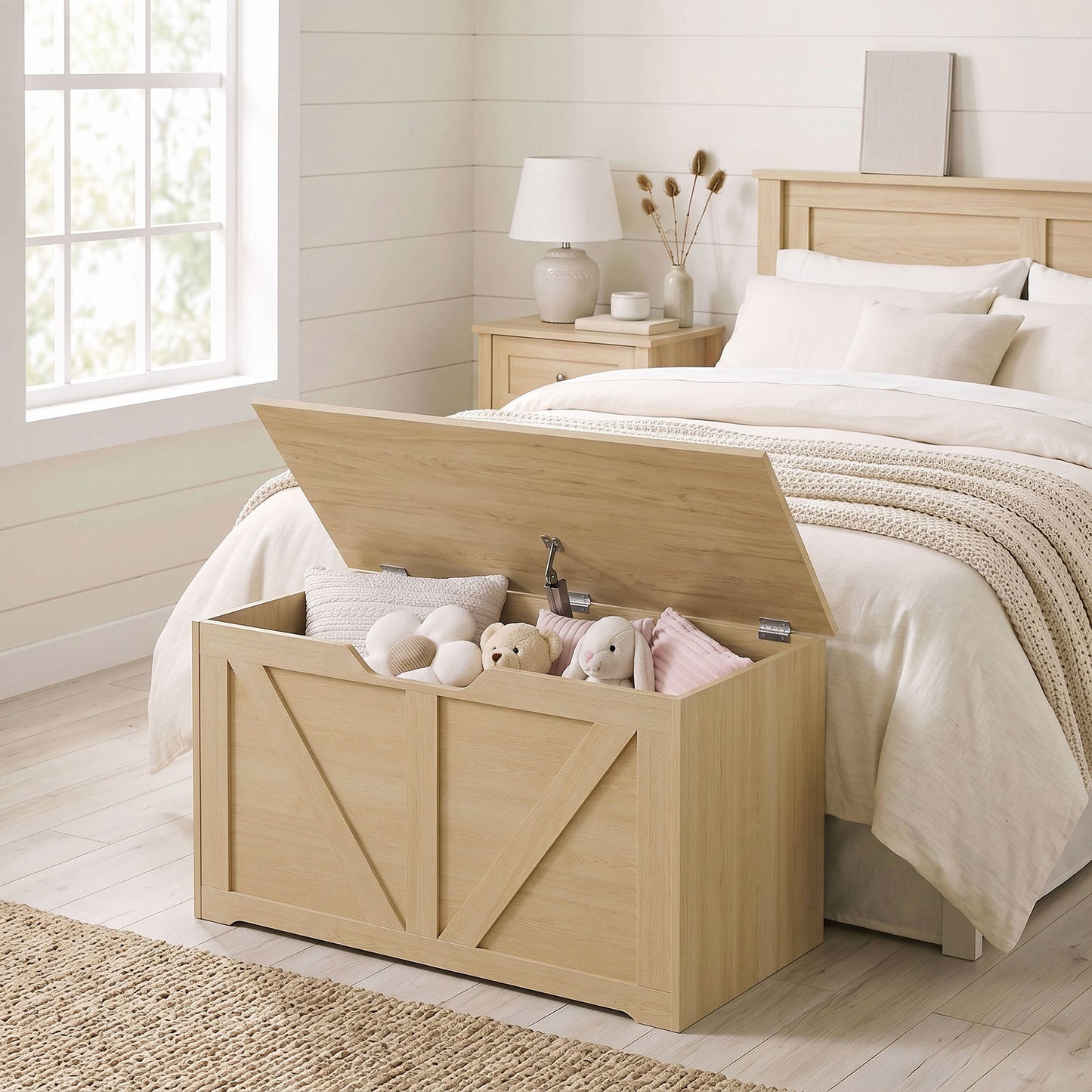Storage Trunk for Living Room with Safety Hinge, 80cm, Nature Wood