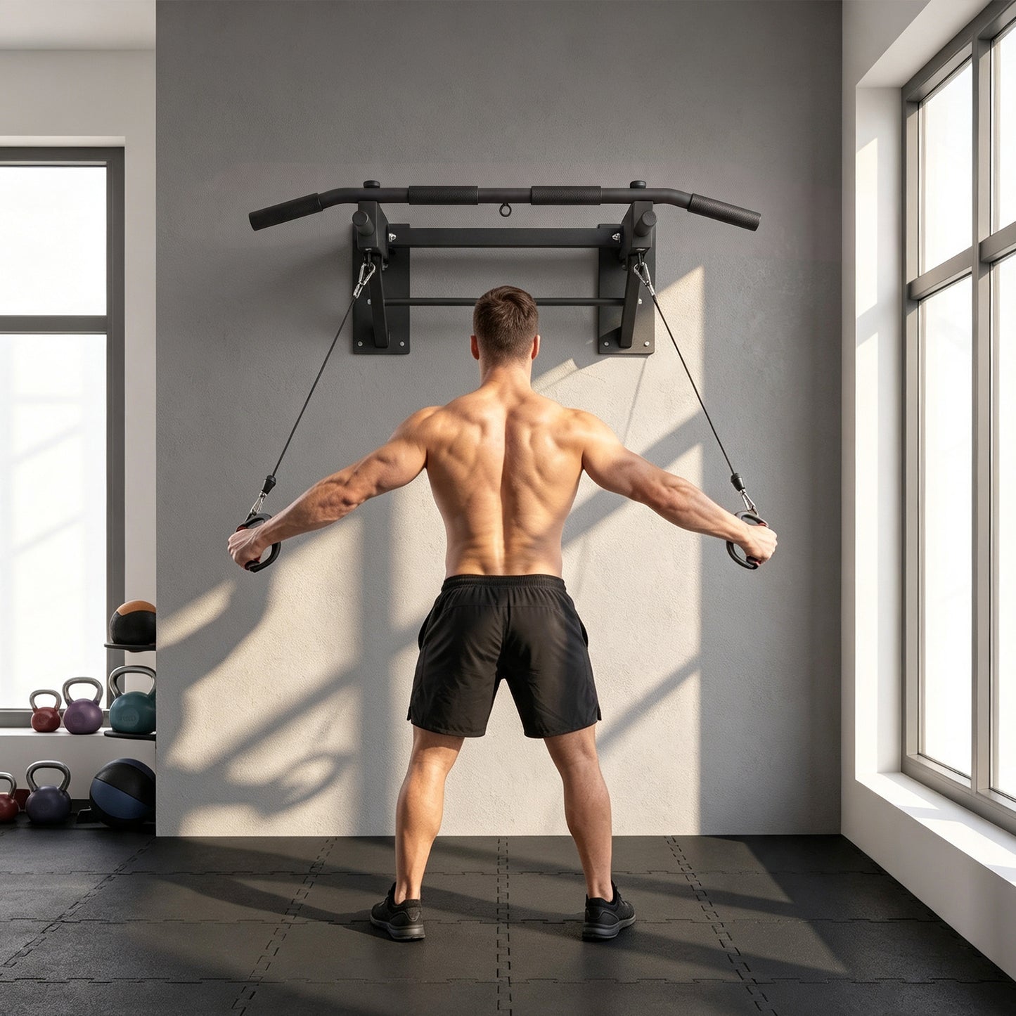 Pull Up Bar Wall Mounted Chin Up Bar with Folding Design, 3 Hooks for Resistance Bands, Multi Non-Slip Grips, Upper Body Workout Bracket for Home Gym, Supports up to 120 kg, Black