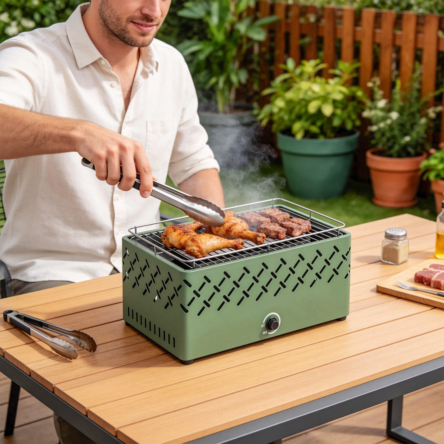 Portable Charcoal BBQ Grill with Built-in Fan, Light Green