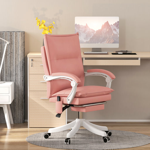 Vibration Massage Office Chair with Heat, Faux Leather Computer Chair with Footrest, Armrest, Reclining Back, Double-tier Padding, Pink