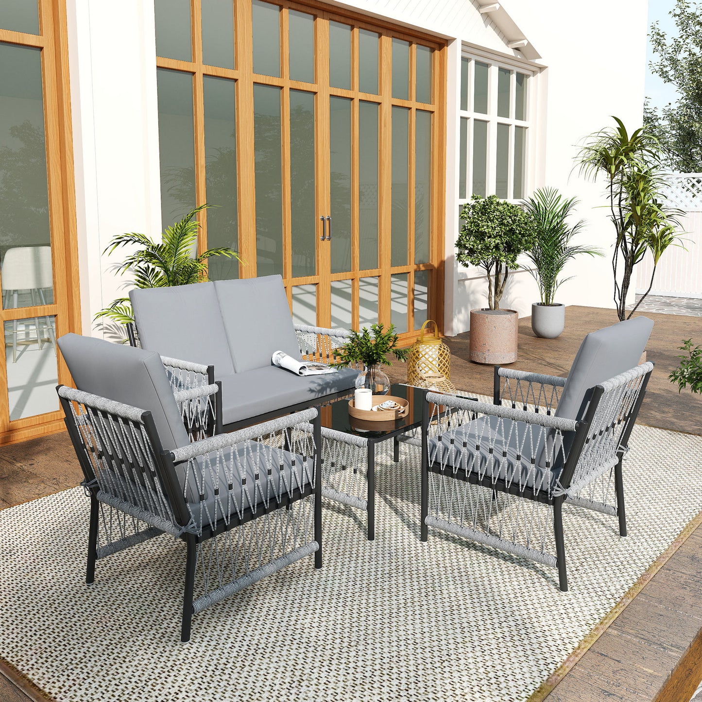 4 Seater Rattan Garden Sofa Set with Glass Top Coffee Table Grey