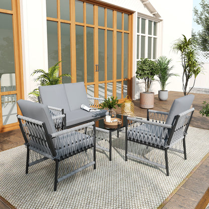4 Seater Rattan Garden Sofa Set with Glass Top Coffee Table Grey