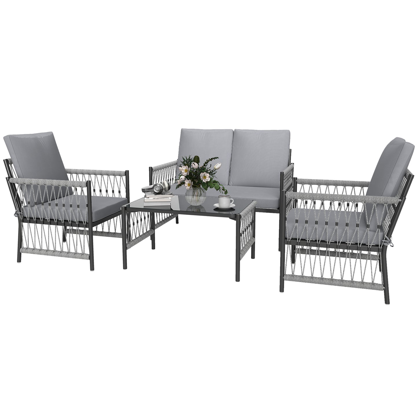 4 Seater Rattan Garden Sofa Set with Glass Top Coffee Table Grey