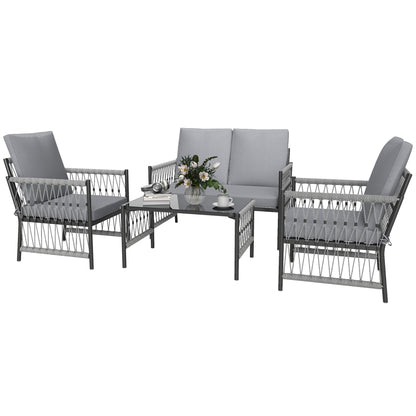 4 Seater Rattan Garden Sofa Set with Glass Top Coffee Table Grey