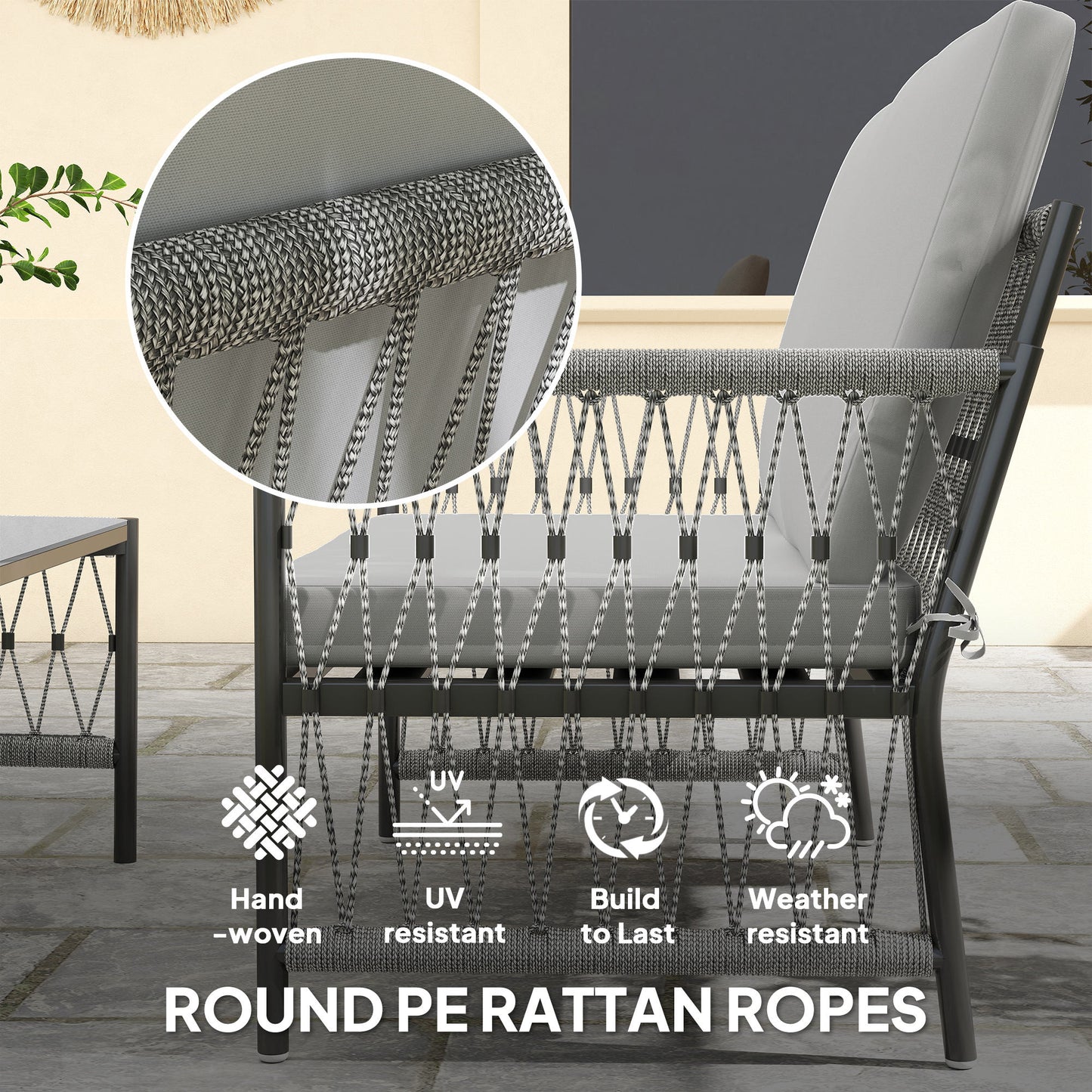 4 Seater Rattan Garden Sofa Set with Glass Top Coffee Table Grey