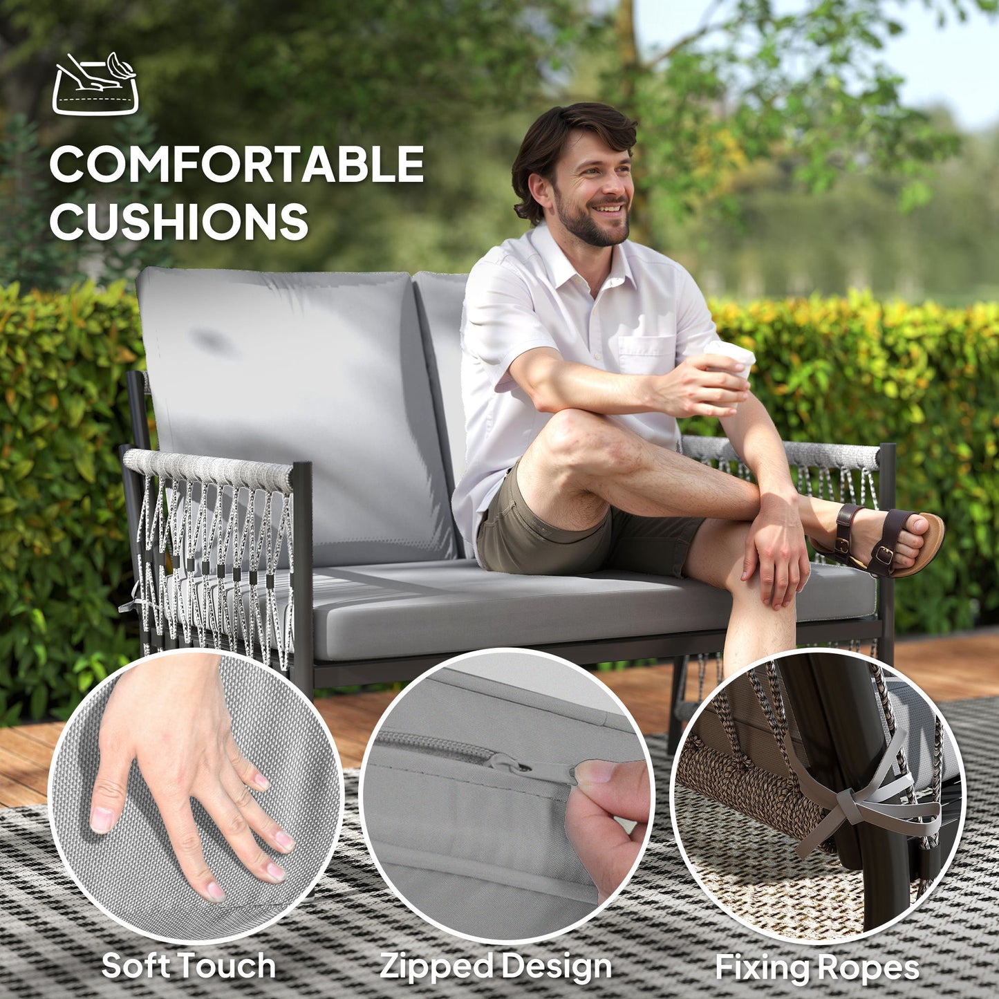 4 Seater Rattan Garden Sofa Set with Glass Top Coffee Table Grey