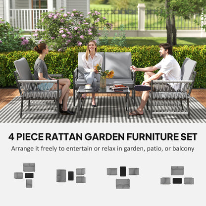 4 Seater Rattan Garden Sofa Set with Glass Top Coffee Table Grey