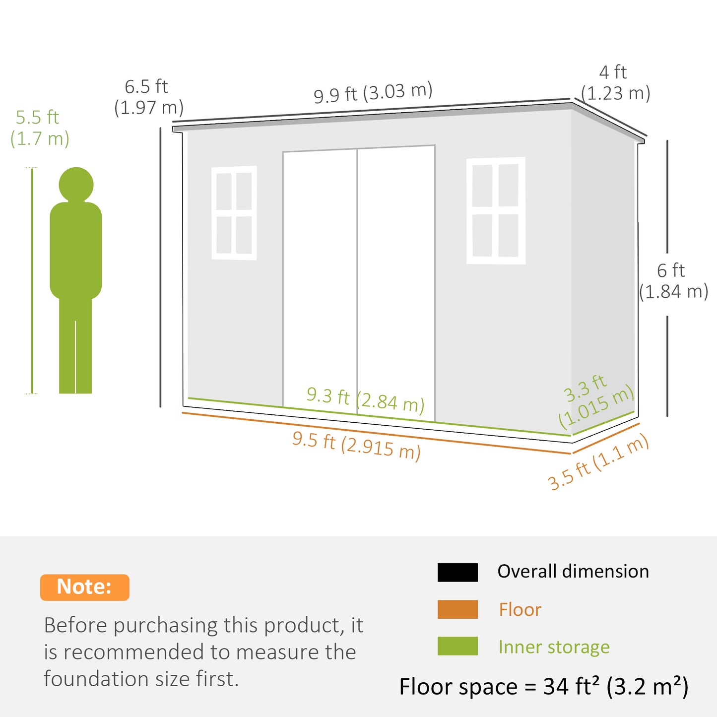 10 x 4 ft Plastic Garden Shed with Floor, Lockable Doors, Grey