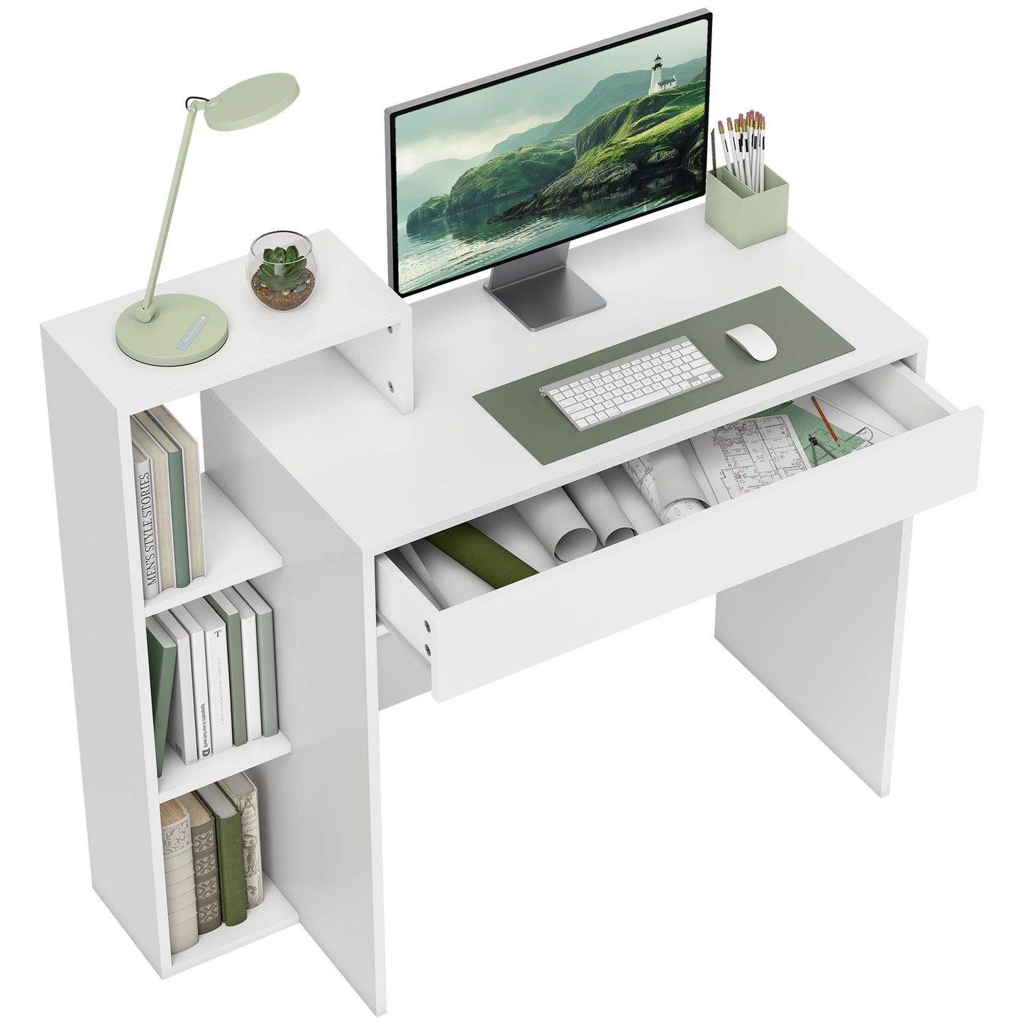 Computer Desk with 3 Open Shelves and Drawer, White