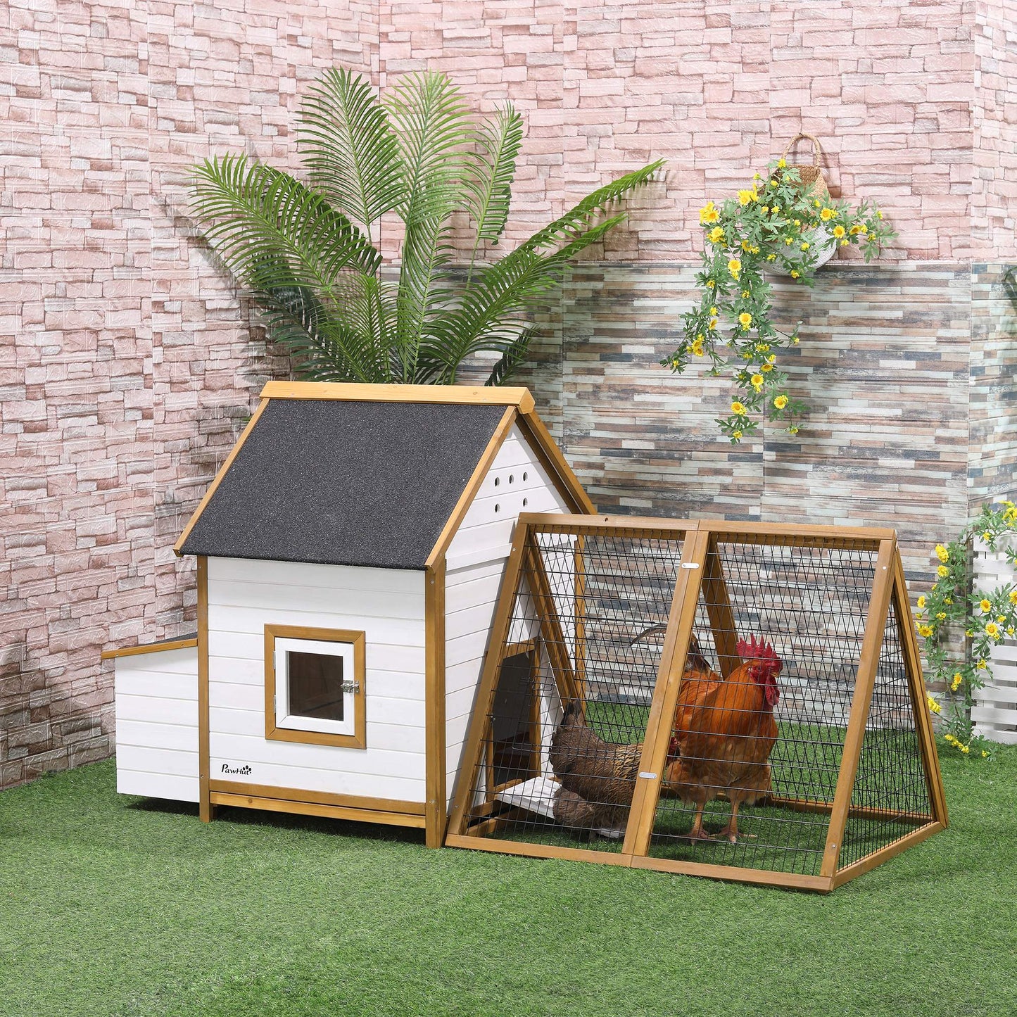 Chicken Coop, Hen House, Wooden Poultry Cage with Outdoor Run, Nesting Box, Removable Tray, Window and Lockable Door, 197 x 93 x 110cm