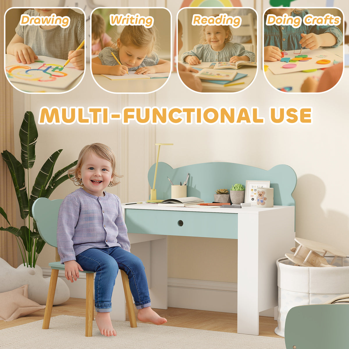 Kids' Desk and Chair Set with Storage Drawer and Bear Backrest - Green & White