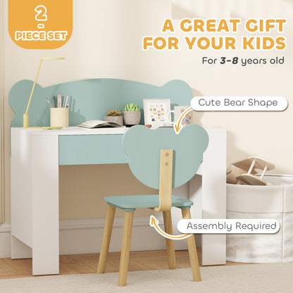 Kids' Desk and Chair Set with Storage Drawer and Bear Backrest - Green & White