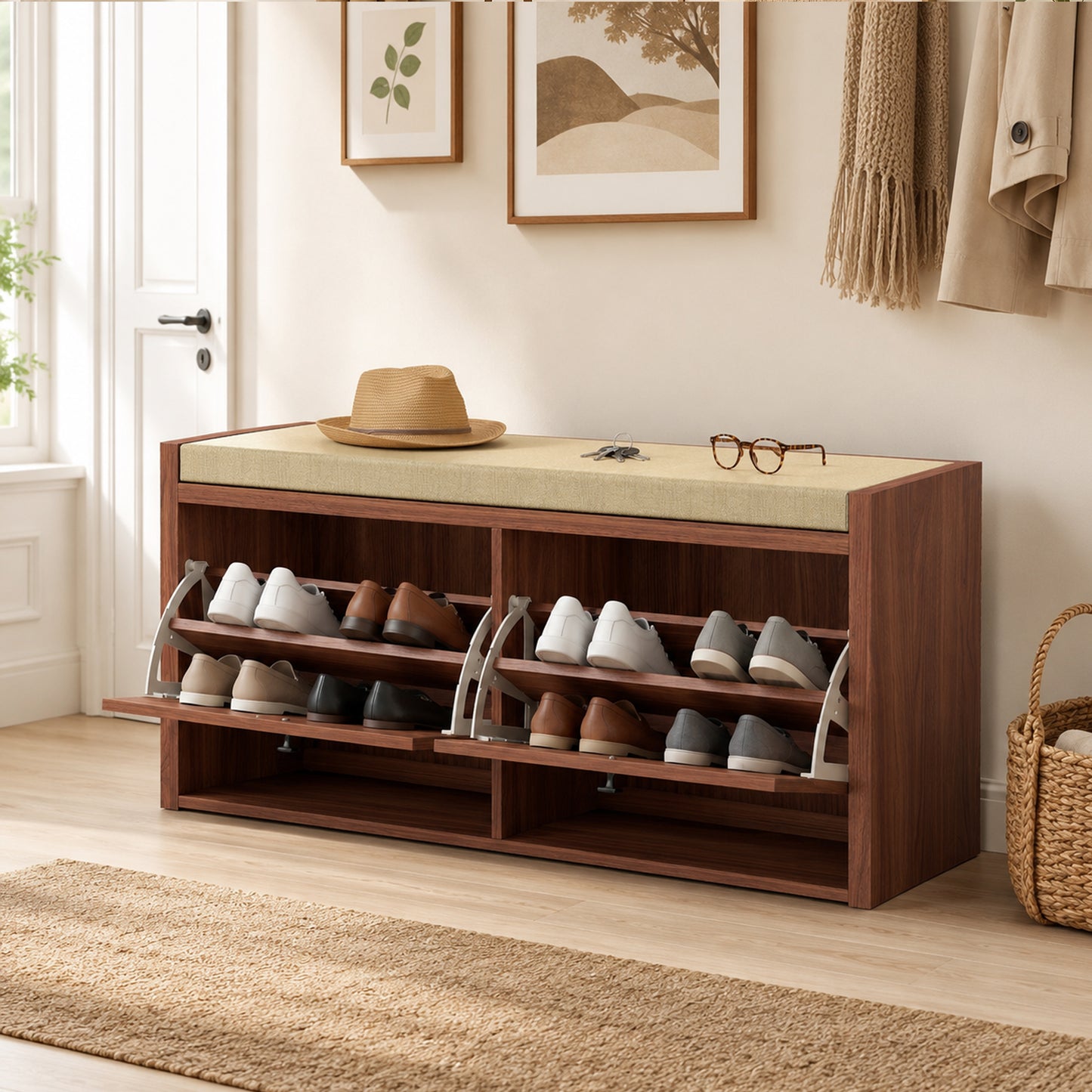 Rattan Shoe Bench with Padded Cushion and 2 Cabinets, Brown