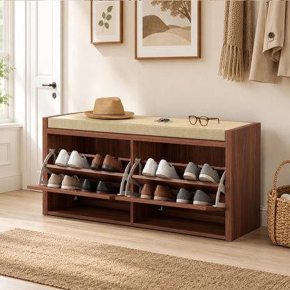 Rattan Shoe Bench with Padded Cushion and 2 Cabinets, Brown
