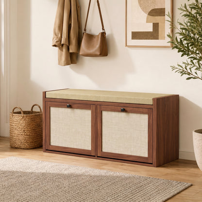 Rattan Shoe Bench with Padded Cushion and 2 Cabinets, Brown