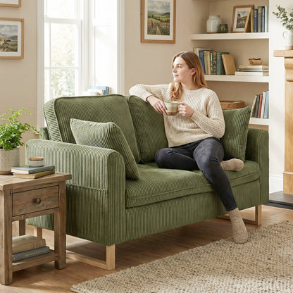 2 Seater Sofa, Corduroy Sofa w/ Spring Cushions 2 Pillows, Dark Green