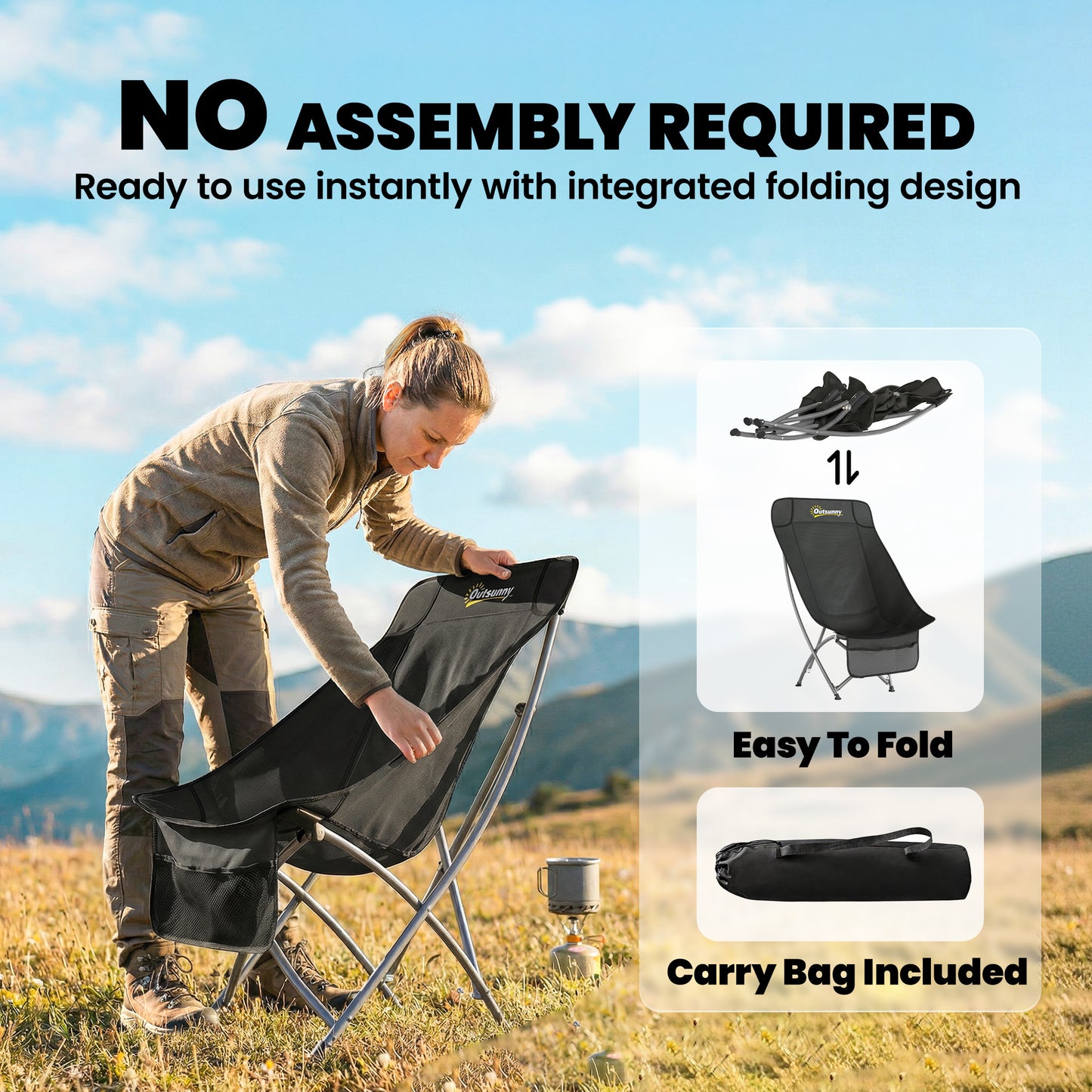 Camping Chair Portable with Side Pocket Black