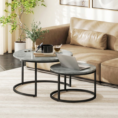 2 Pcs Stacking Coffee Table Set Steel Frame, Cement Grey
