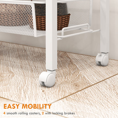 3-Tier Kitchen Cart, Multifunction Kitchen Trolley on Wheels, White