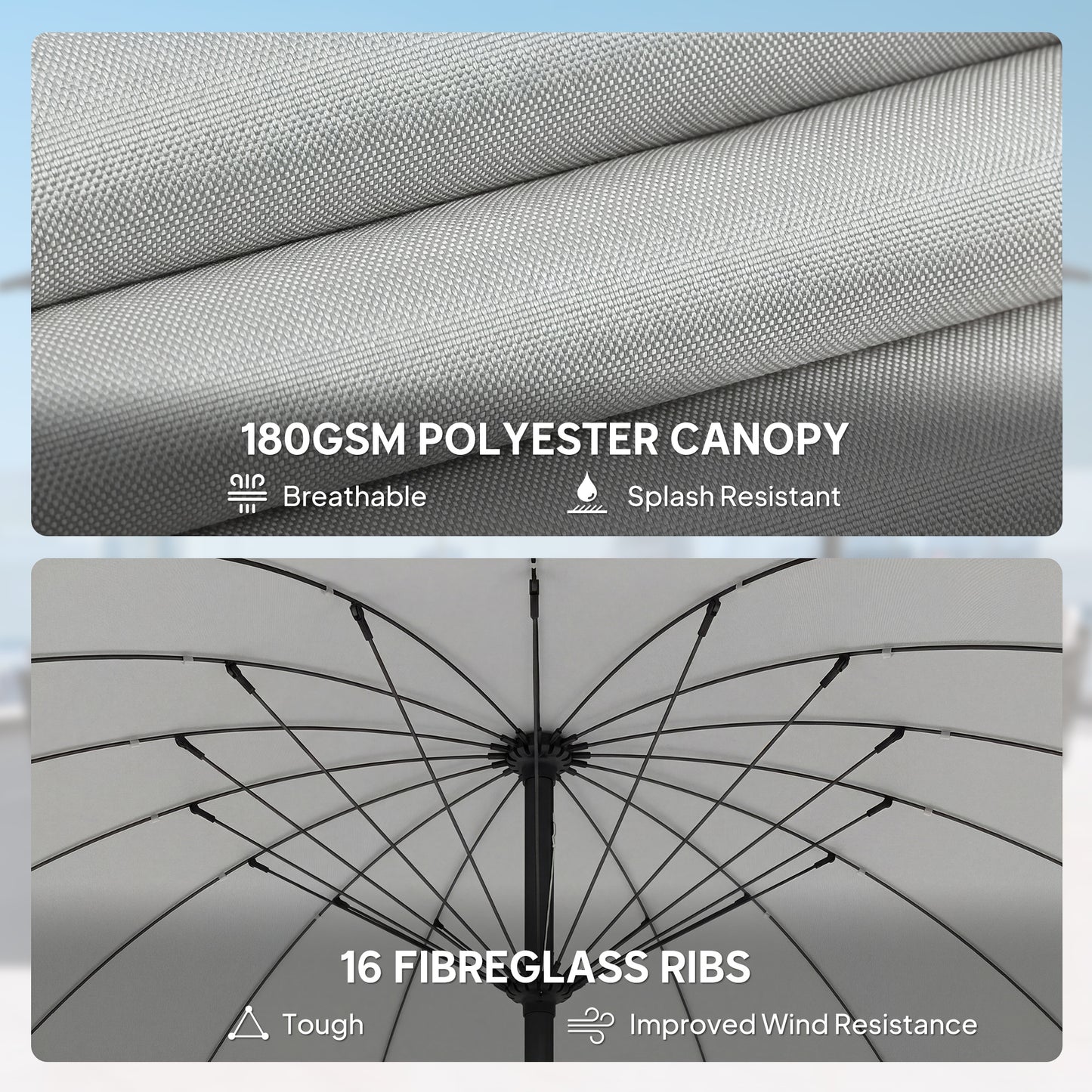 2m Shanghai Garden Parasol Umbrella, Outdoor Sun Shade, Light Grey