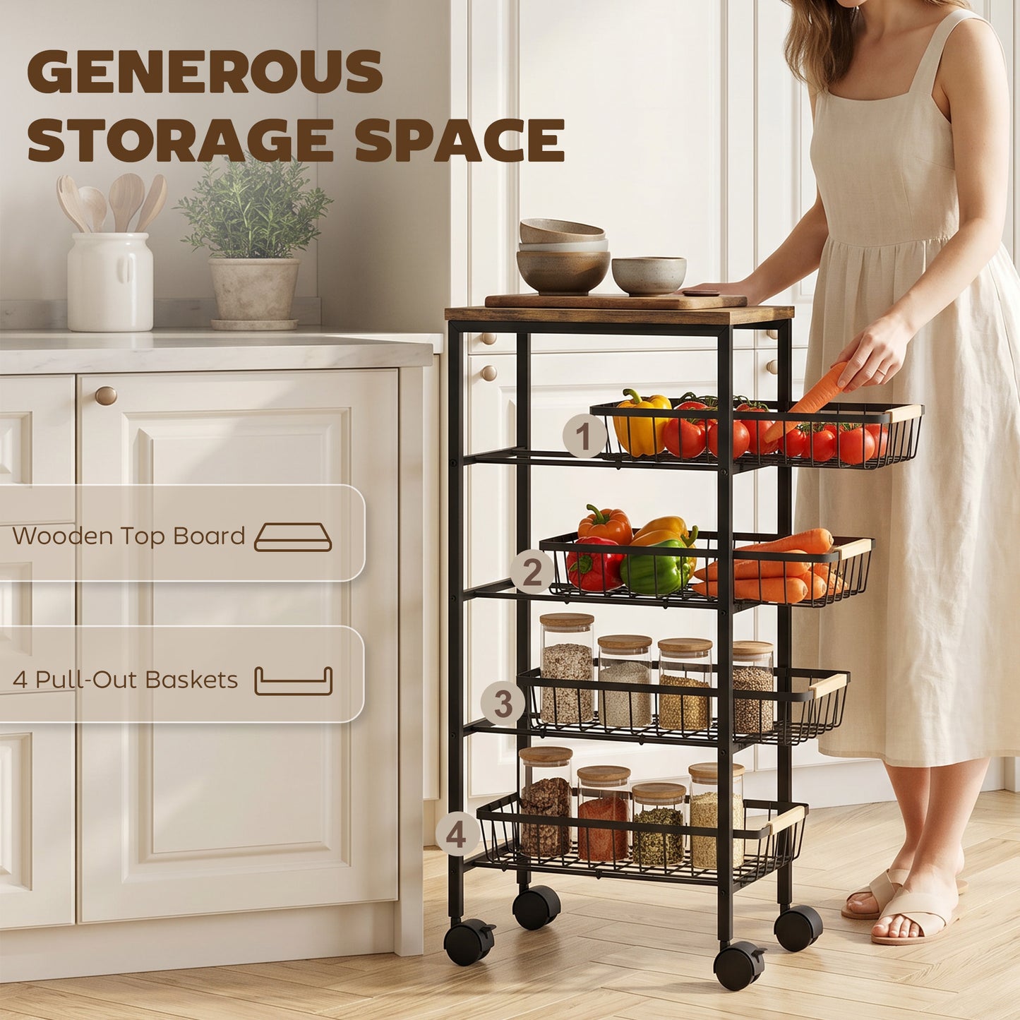 Metal Kitchen Trolley with Pull-Out Baskets, Rustic Brown