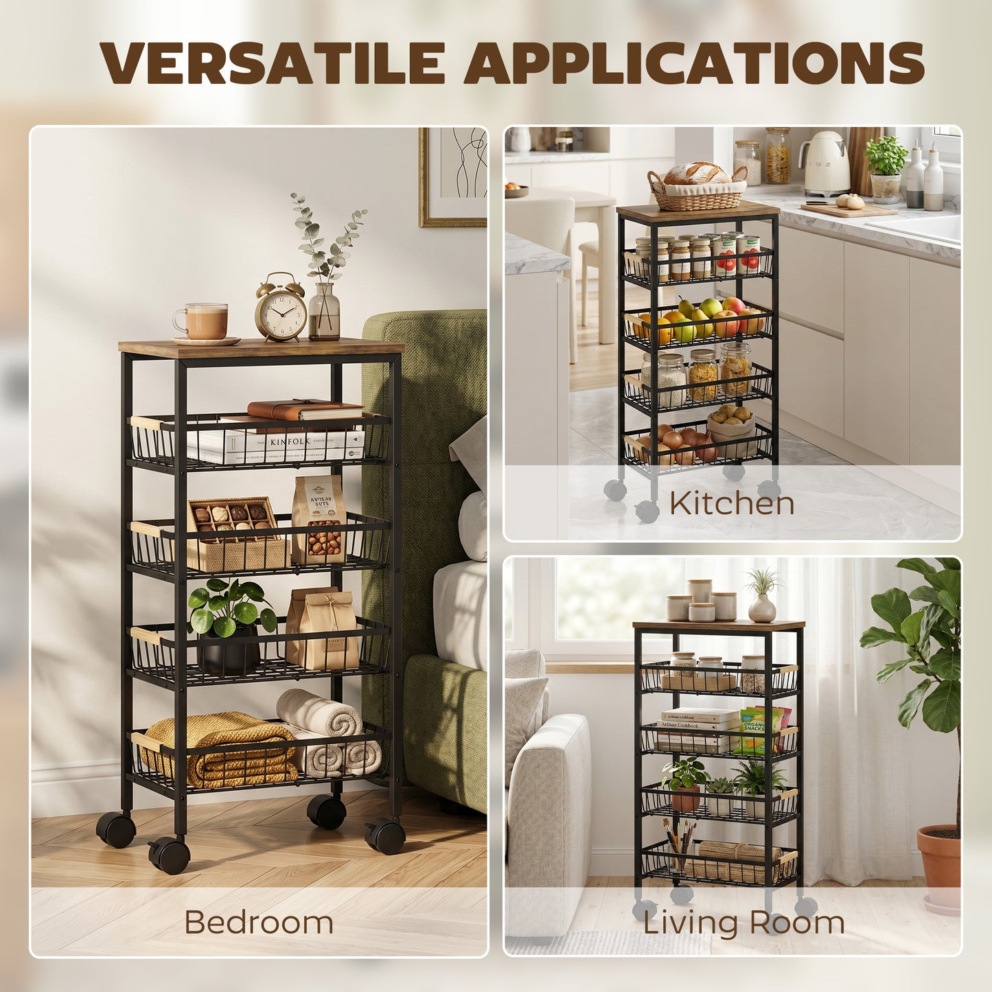 Metal Kitchen Trolley with Pull-Out Baskets, Rustic Brown