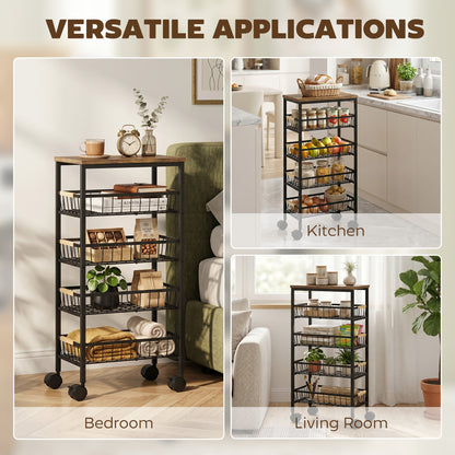 Metal Kitchen Trolley with Pull-Out Baskets, Rustic Brown