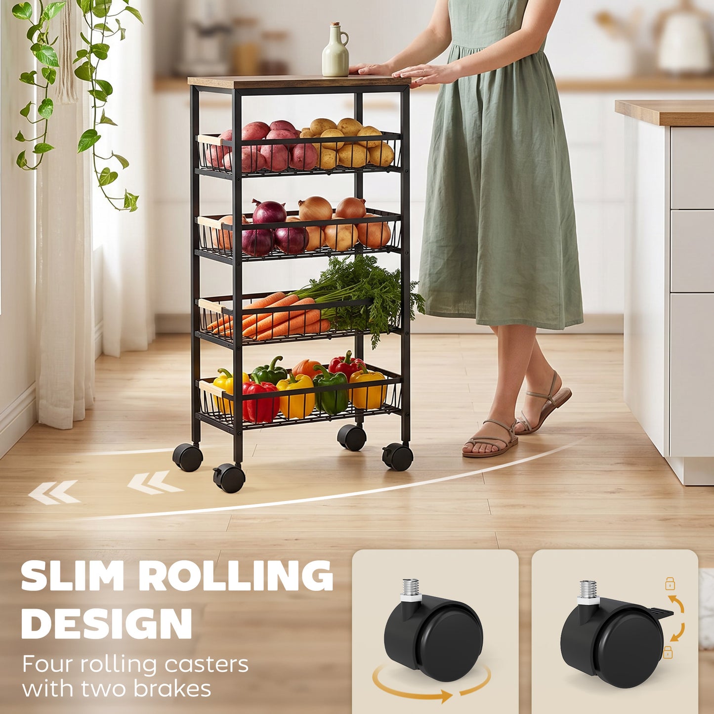 Metal Kitchen Trolley with Pull-Out Baskets, Rustic Brown