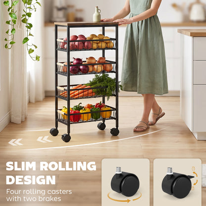 Metal Kitchen Trolley with Pull-Out Baskets, Rustic Brown
