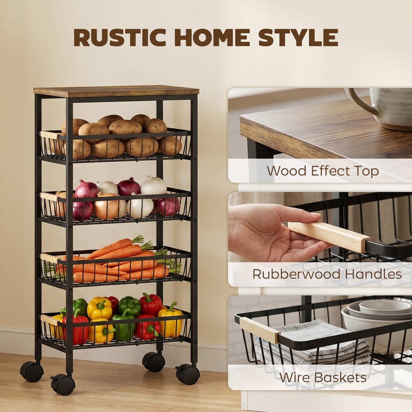 Metal Kitchen Trolley with Pull-Out Baskets, Rustic Brown