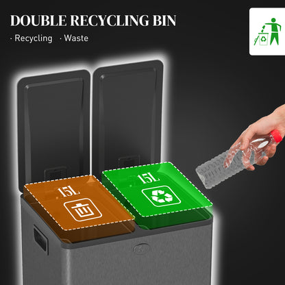 2 x 15L Dual Kitchen Bin Pedal Bin for Recycling and Waste, Black