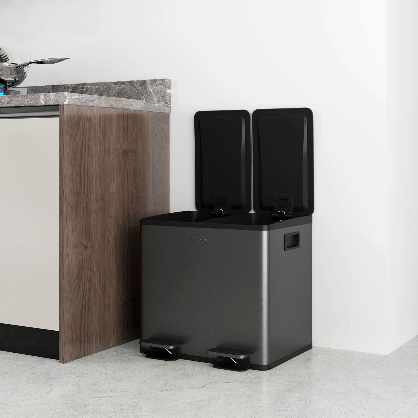 2 x 15L Dual Kitchen Bin Pedal Bin for Recycling and Waste, Black