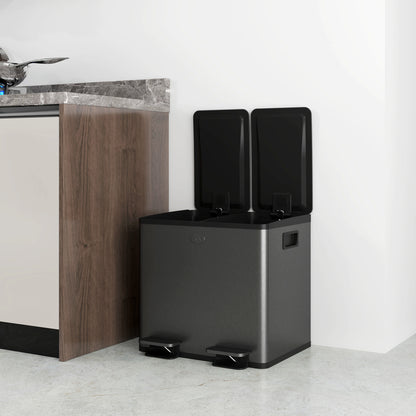 2 x 15L Dual Kitchen Bin Pedal Bin for Recycling and Waste, Black