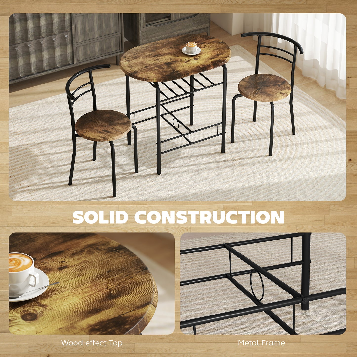 Breakfast Bar Table and Stools Set, Dining Room Set with Shelf