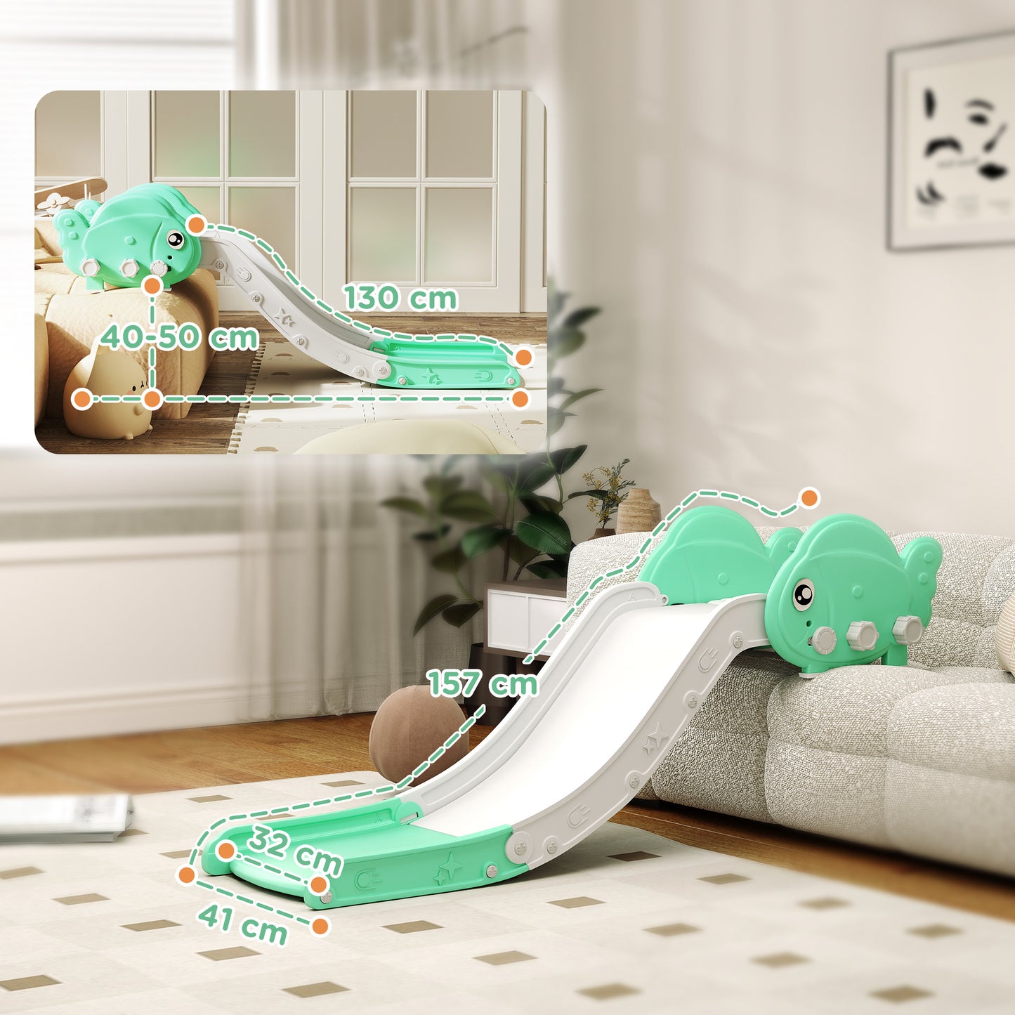 Kids Sofa Slide with 130cm Extended Length, Toddler Slide for Sofa, Bed, Stairs, Easy Assemble & Storage, Green