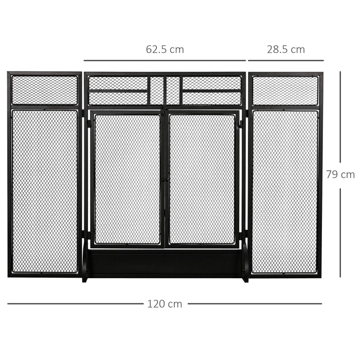 3-Panel Folding Fireplace Screen with Door, Freestanding Spark Guard, Metal Mesh Fireguard, Black