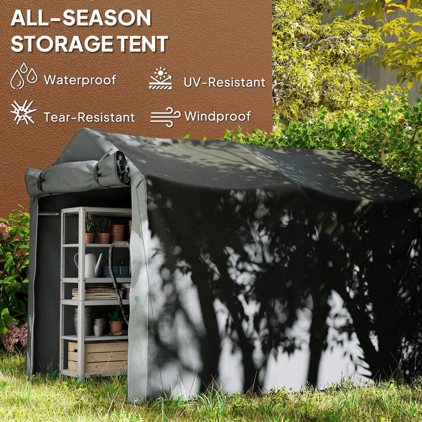 Garden Tool Storage Shed with Roll-up Zipper Door, Dark Grey