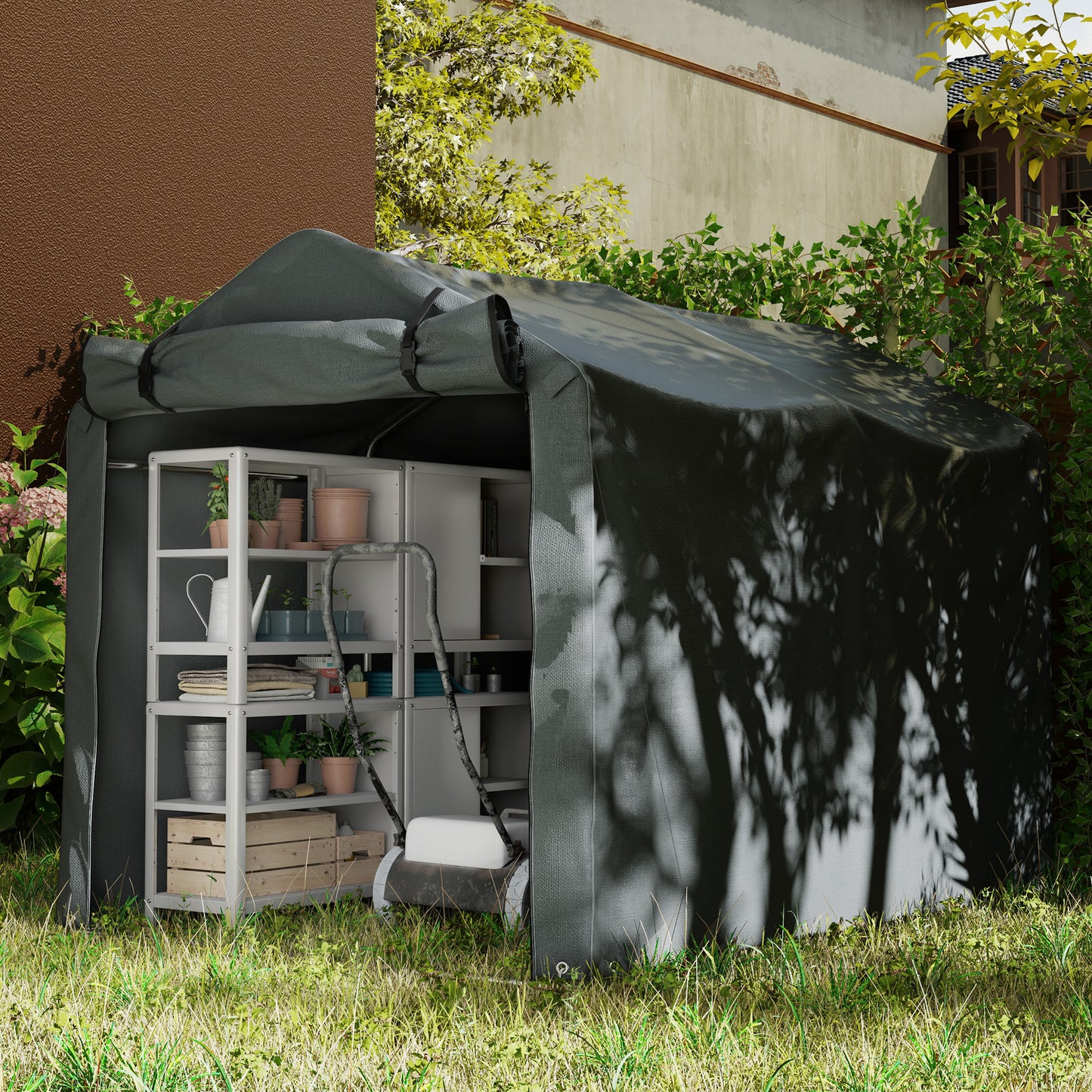 Garden Tool Storage Shed with Roll-up Zipper Door, Dark Grey