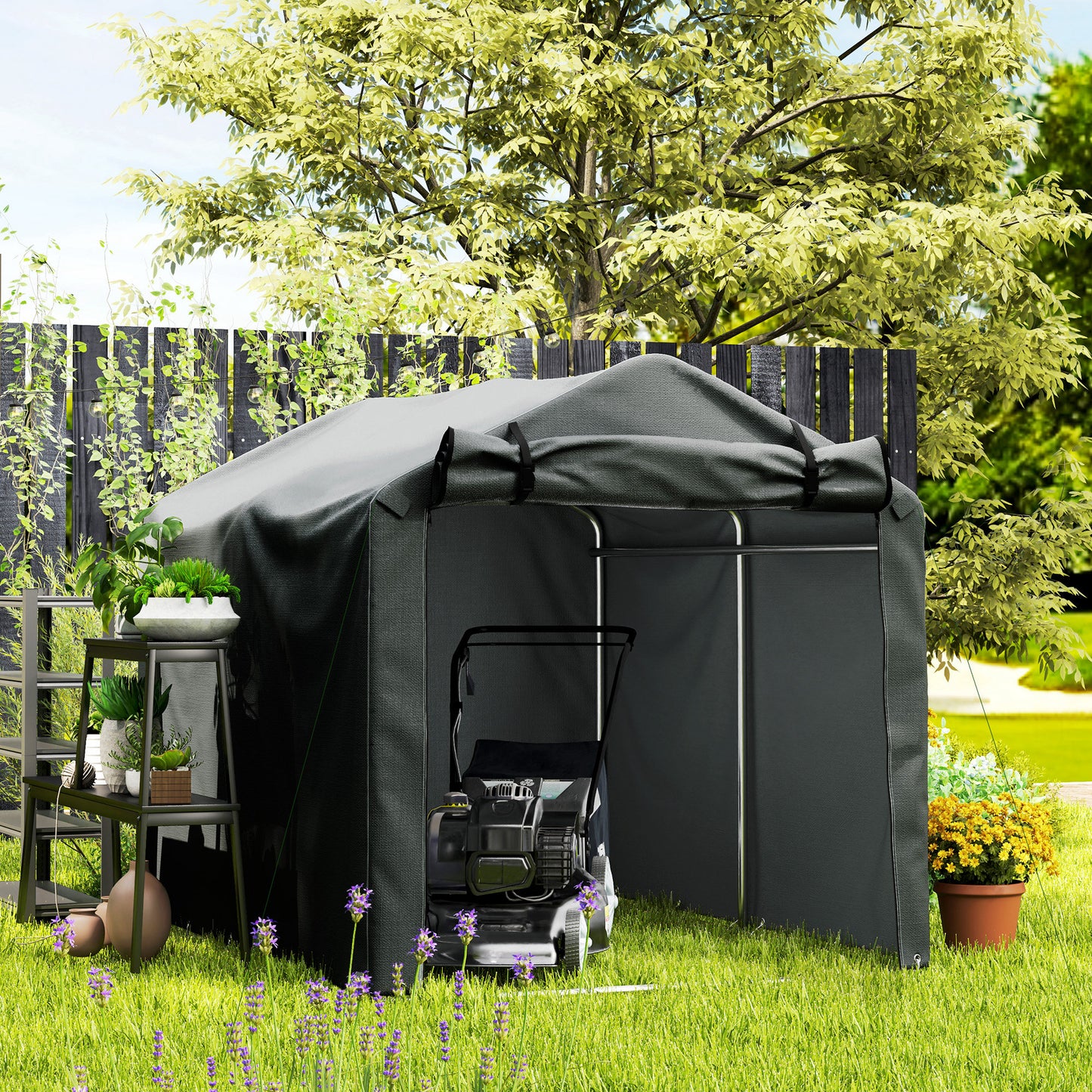 Garden Tool Storage Shed with Roll-up Zipper Door, Dark Grey