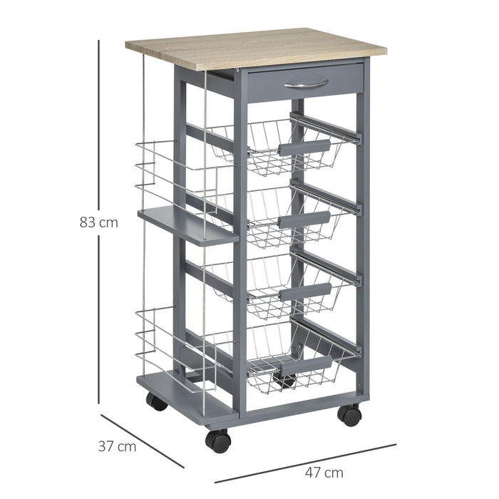 Kitchen Trolley, Multi-Use Kitchen Island w/ 4 Baskets 2 Side Racks 4 Wheels Food Storage Smooth Rolling Compact Furniture Grey