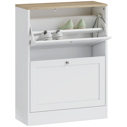 2 Flip Drawer Narrow Shoe Cabinet with Adjustable Shelves, White