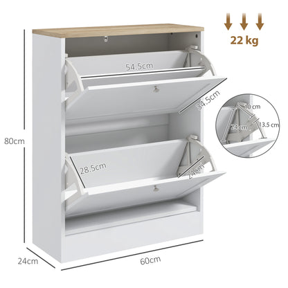 2 Flip Drawer Narrow Shoe Cabinet with Adjustable Shelves, White