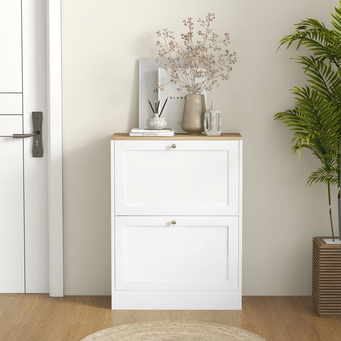 2 Flip Drawer Narrow Shoe Cabinet with Adjustable Shelves, White