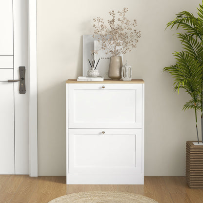 2 Flip Drawer Narrow Shoe Cabinet with Adjustable Shelves, White