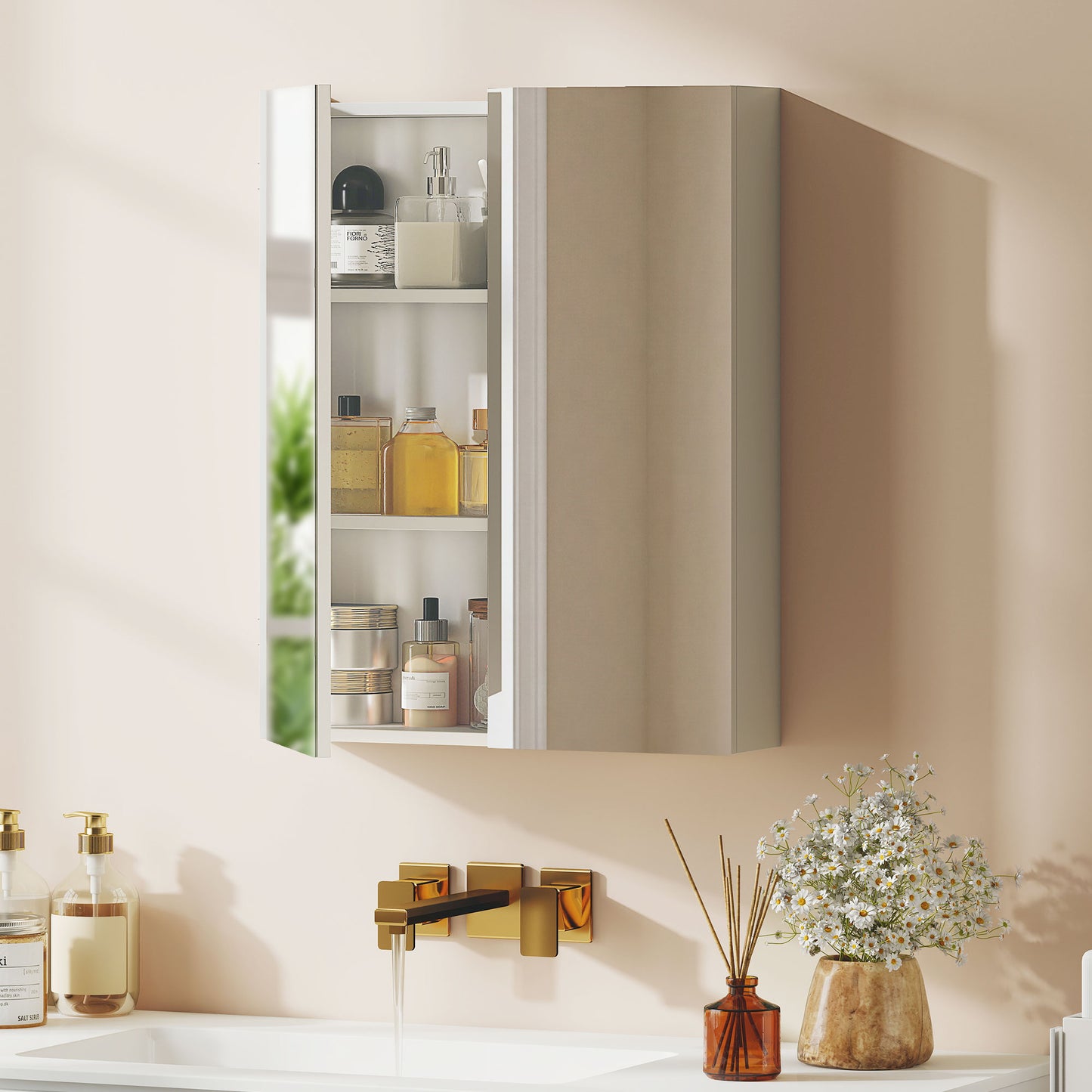 Wall Mounted Bathroom Mirror Storage Cabinet w/ Door Adjustable Shelf