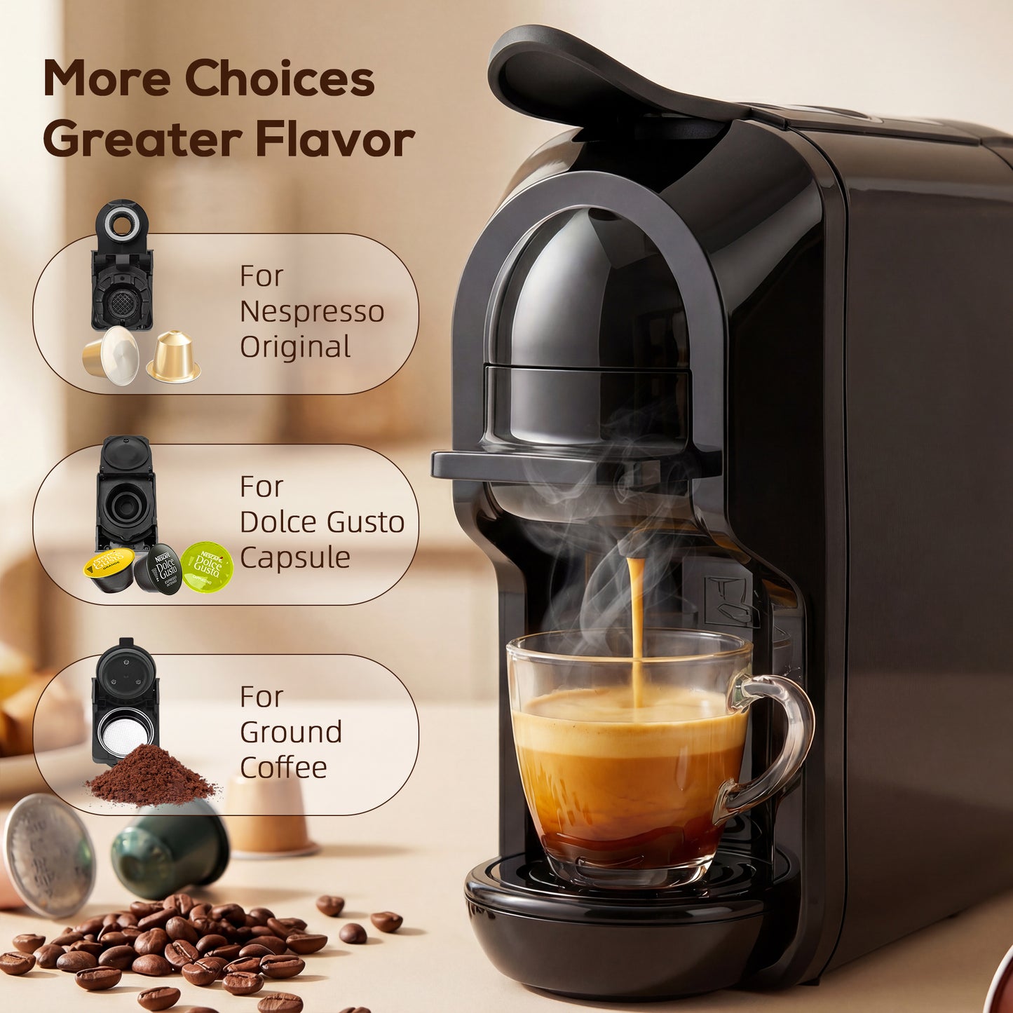 Pod Coffee Machine for Nespresso and Dolce Gusto Capsule, 19 Bar