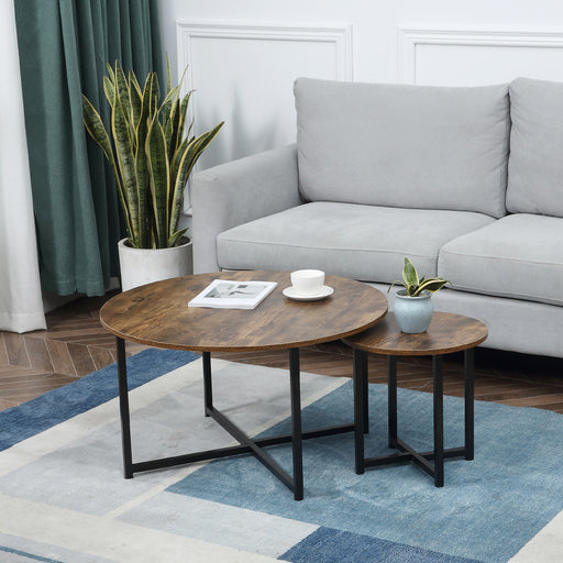 Round Coffee Table, Nesting Set of 2 with Metal Frame, Industrial Side End Table for Living Room Bedroom, Rustic Brown