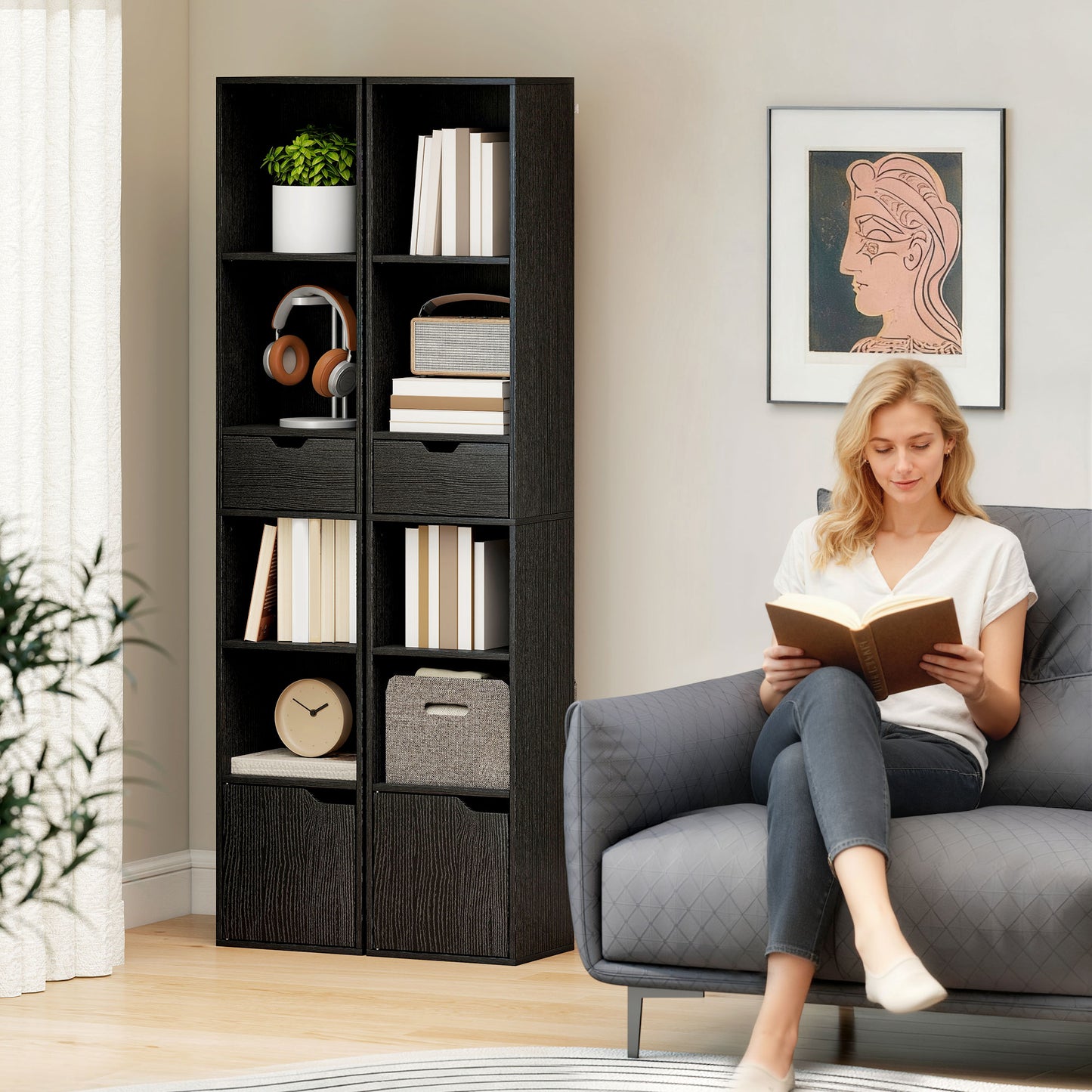 Narrow Bookshelf with Drawer, Tall Bookcase for Living Room, Black