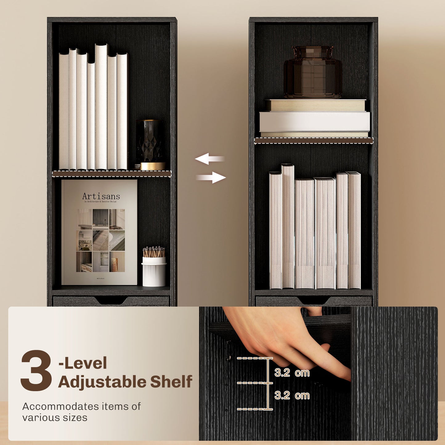 Narrow Bookshelf with Drawer, Tall Bookcase for Living Room, Black