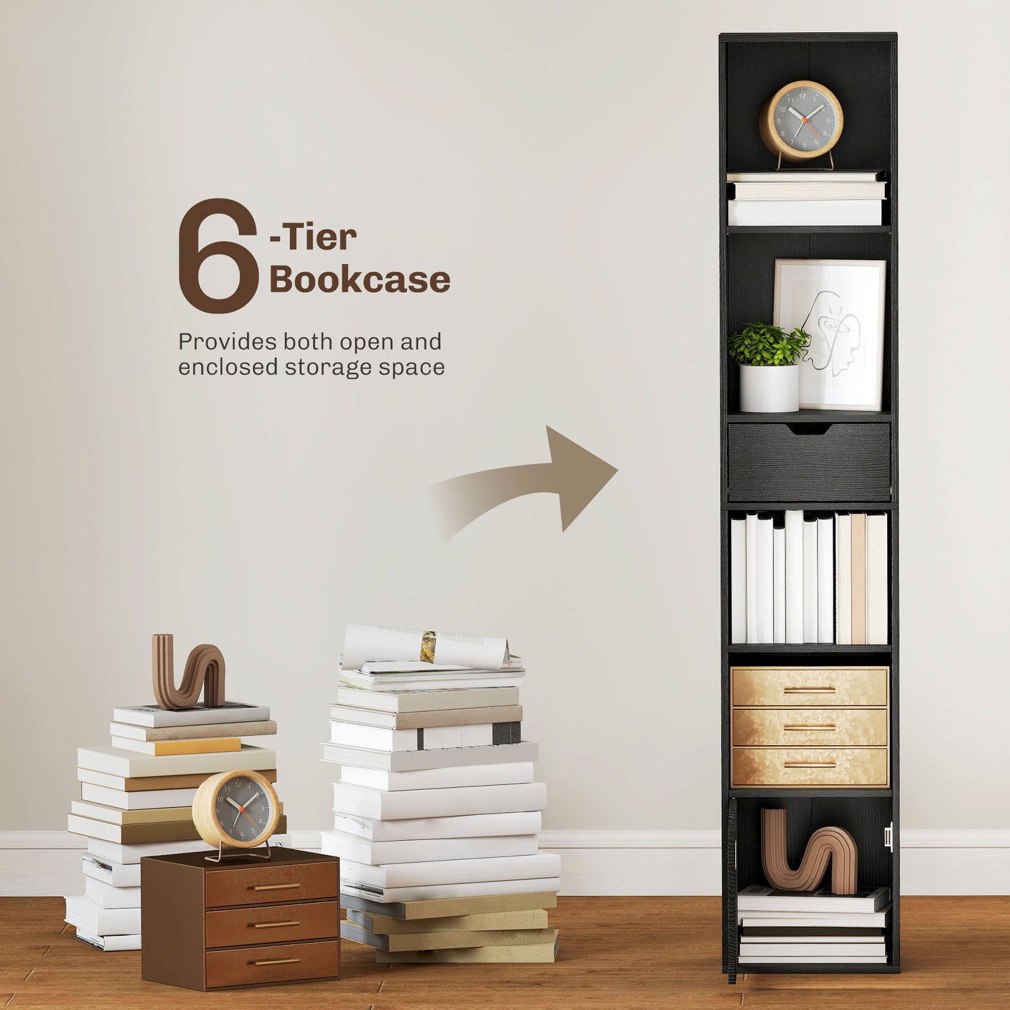 Narrow Bookshelf with Drawer, Tall Bookcase for Living Room, Black